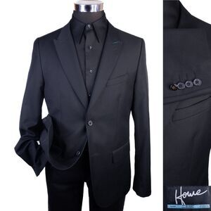Howe Solid Black Suit Jacket Sport Coat Blazer Poly Blend Sz 42R Two Button EUC